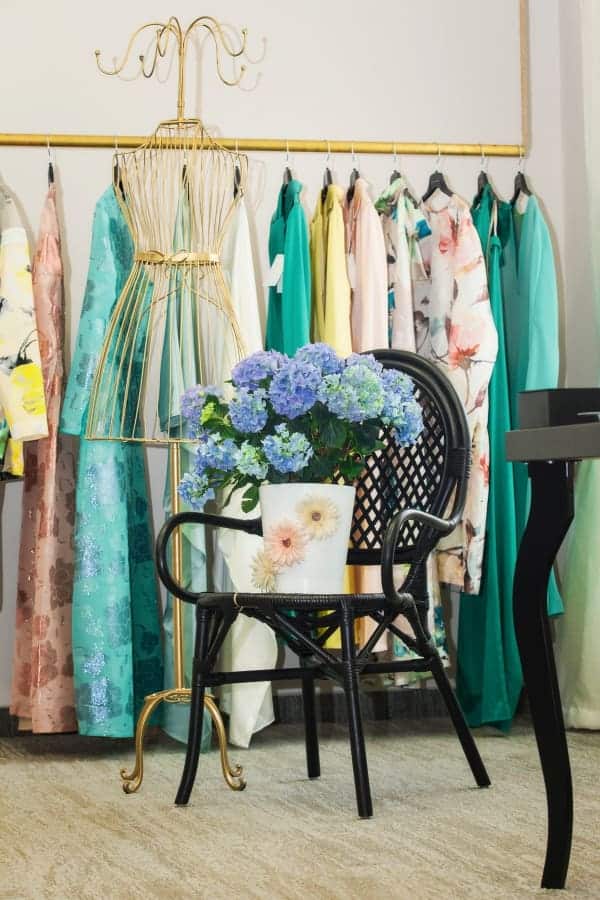 feminine dressing room with blue flowers on the chair