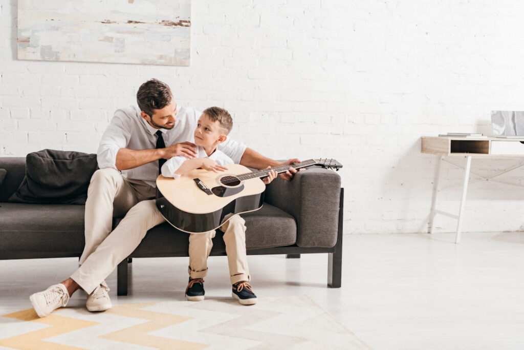 a father and a son before the child's performance