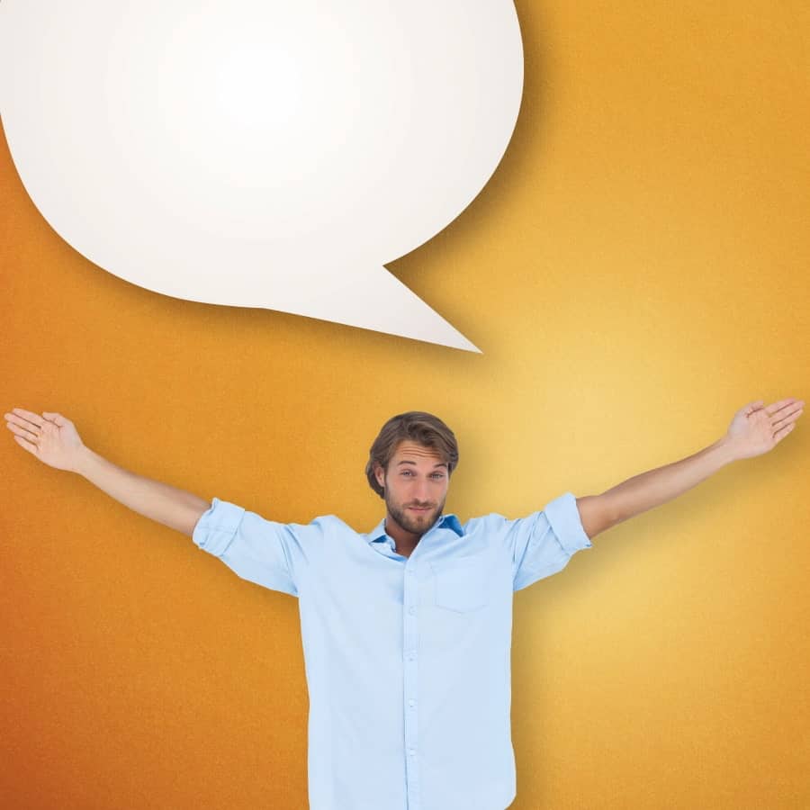 man with lifted arms with a comic bubble above his head