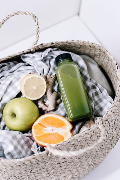 a basket with healthy food